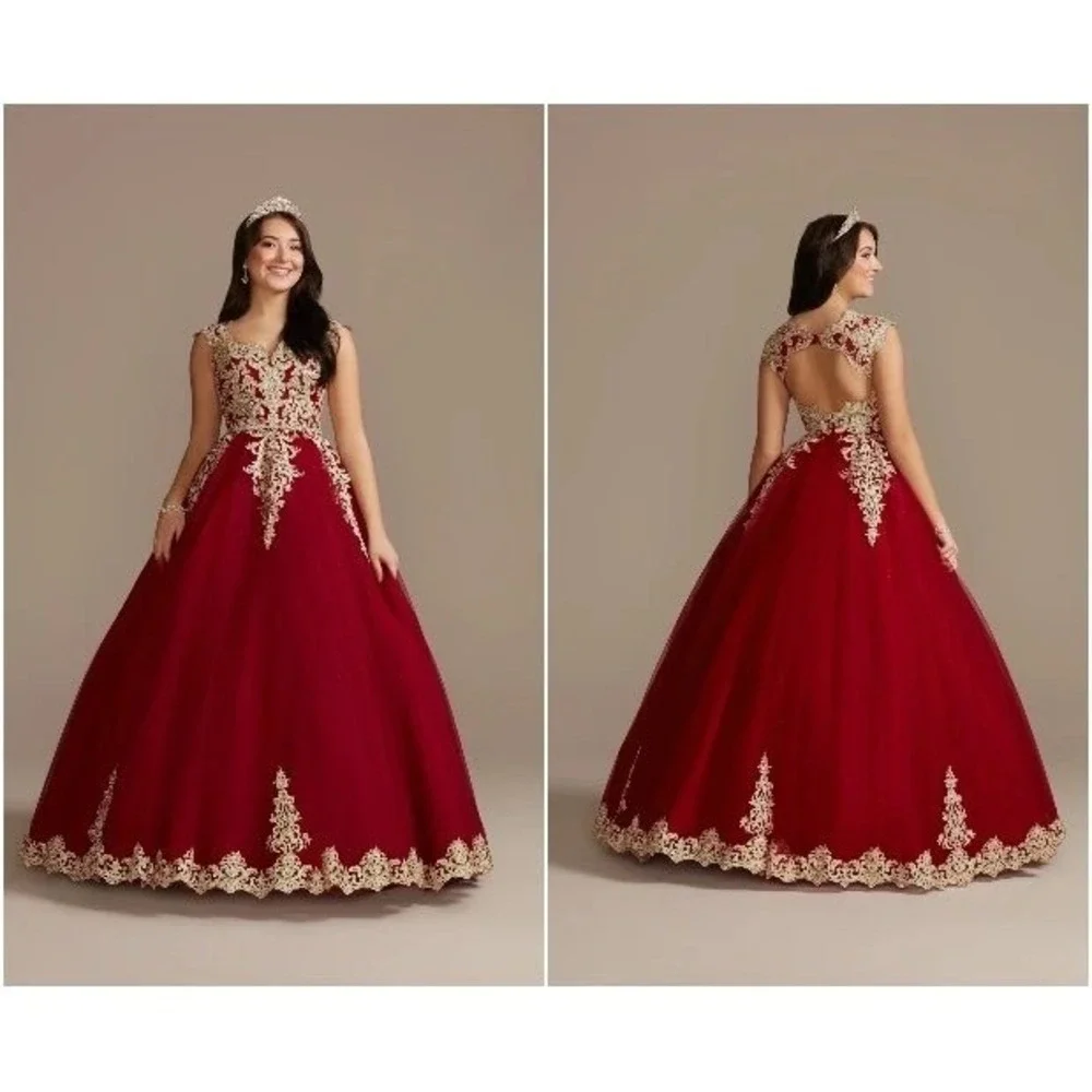 Fifteen Roses Ball Gown Womens 10 Red Gold Lace Embroidery Quinceanera Excellent